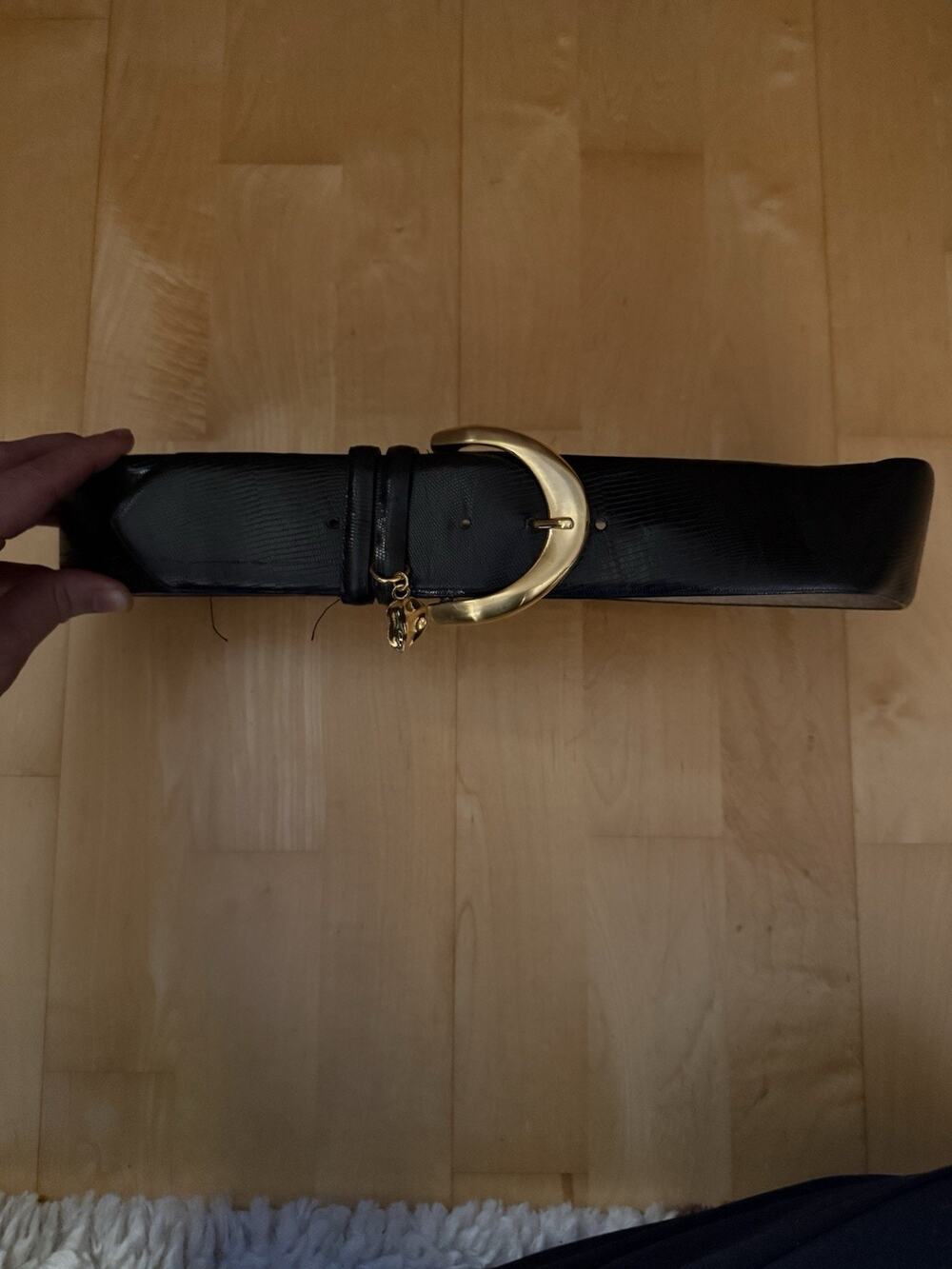 VTG Nicole Miller Black Leather Corset Belt Gold Lip Charm Buckle Wide L Y2K